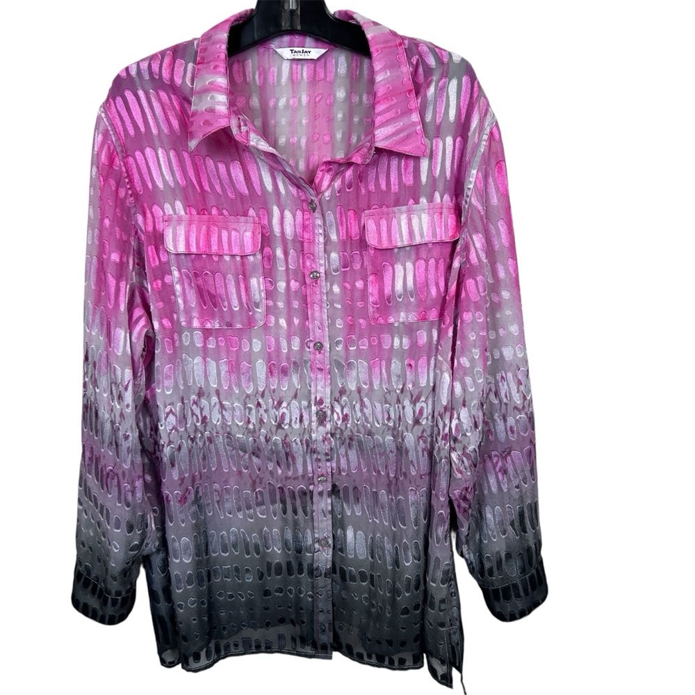 Tanjay women’s Blouse Tunic Button front Pink Grey ombre Sheer 3X